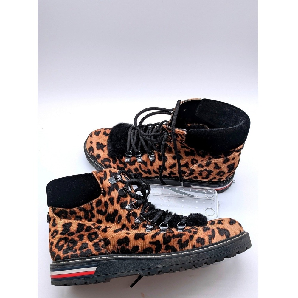 Tommy Hilfiger Leopard Print Hiking Boots Womens Size 8M Lace Up Faux Fur